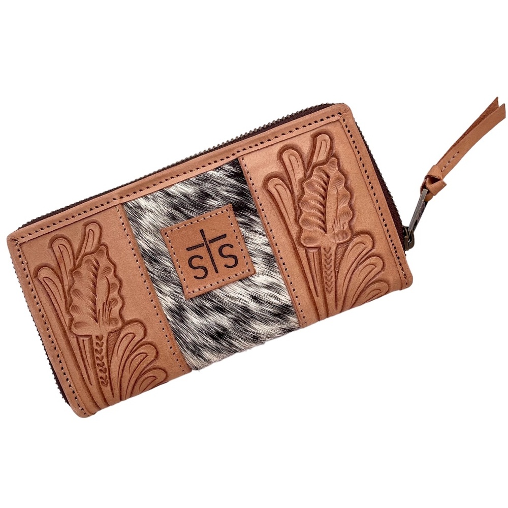 STS Ranchwear Tan Tooled Leather & Black White Hair-On Hide Zip Wallet